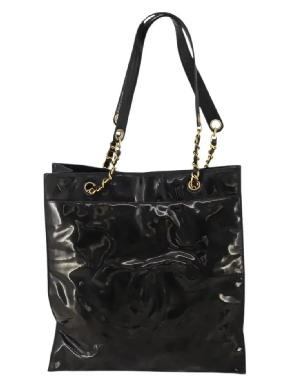 CHANEL Chain Tote Bag Patent Leather Black Gold CC Auth bs34312